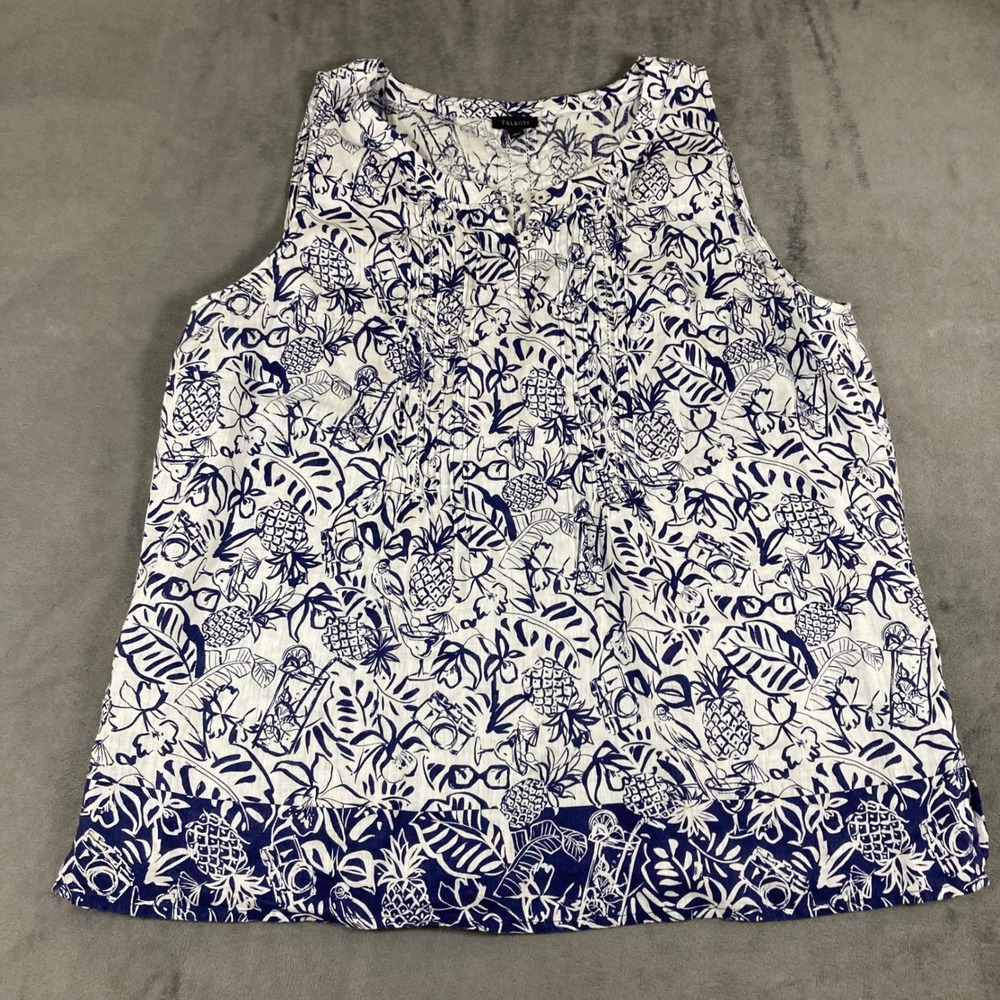 Talbots Womens Large Blue White Pineapple Tropical Pintuck 100% Linen Top
